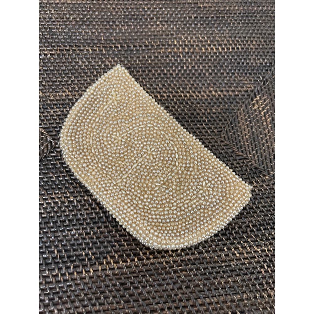 Vintage Miranda Japan Beaded Pearl Coin Purse Cream Starburst Zipper Pouch